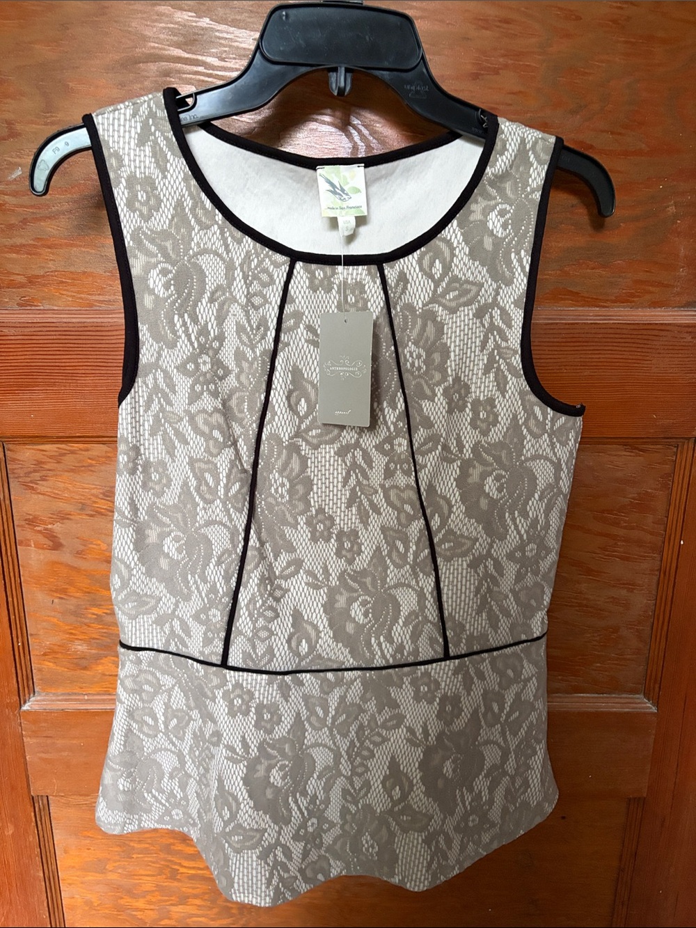 Anthropologie Beige Floral Lace-Effect Sleeveless Top with Black Trim